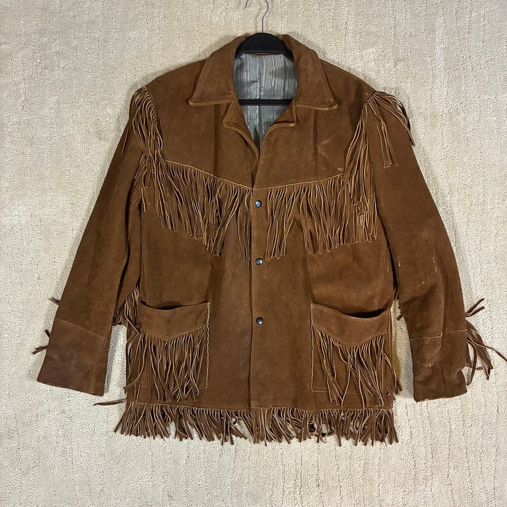 Vintage 70s Joo-Kay Suede Fringe Leather Western Rancher Jacket Men 42 Retro NFR